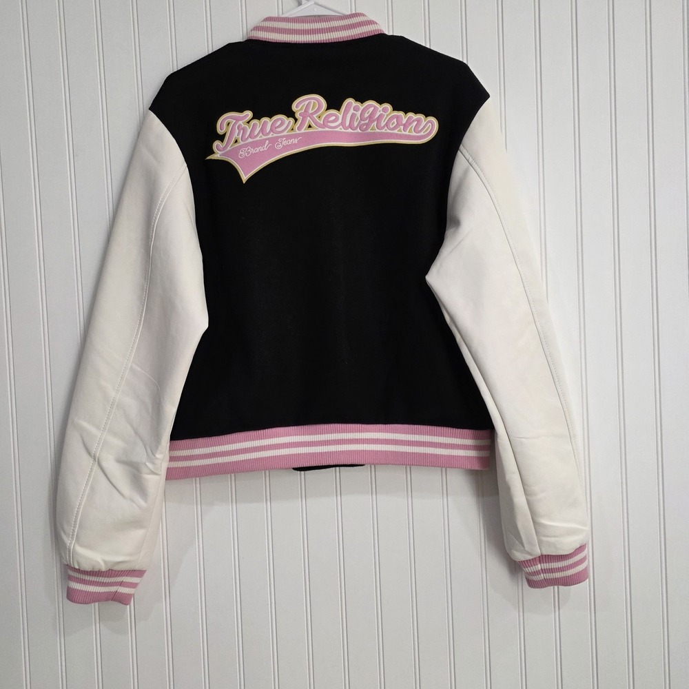 TRUE RELIGION Trendy Varsity Jacket Black, Pink & White LOGO Large - Picture 3 of 10
